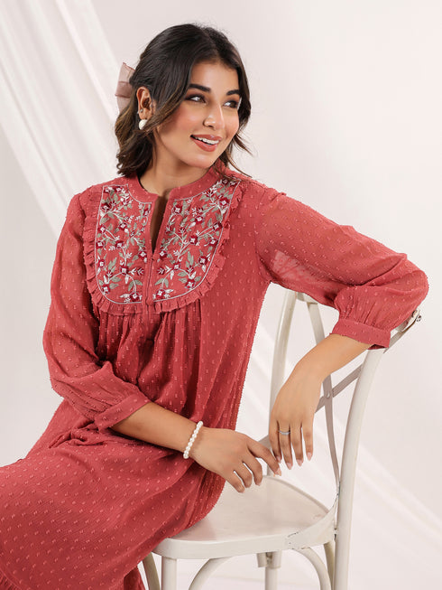Janasya Women's Mauve Dobby Chiffon Embroidered A-line Dress